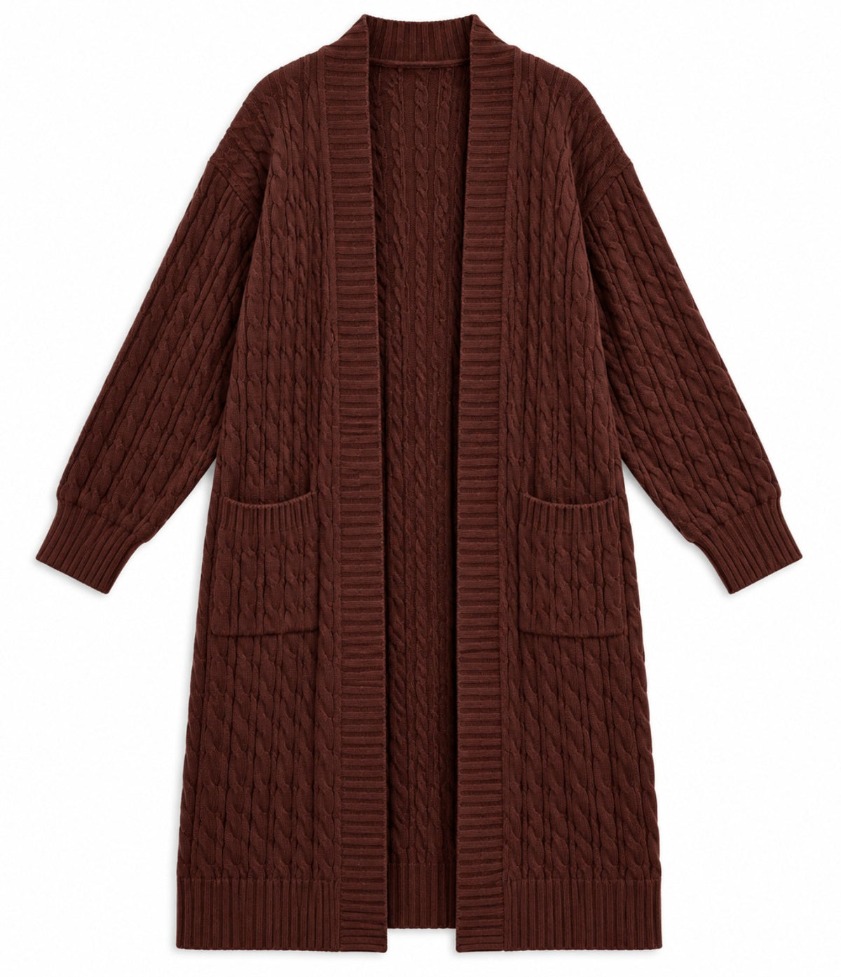 Belle brown cable-knit cardigan, front view on white background