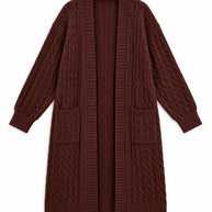 Belle brown cable-knit cardigan, front view on white background
