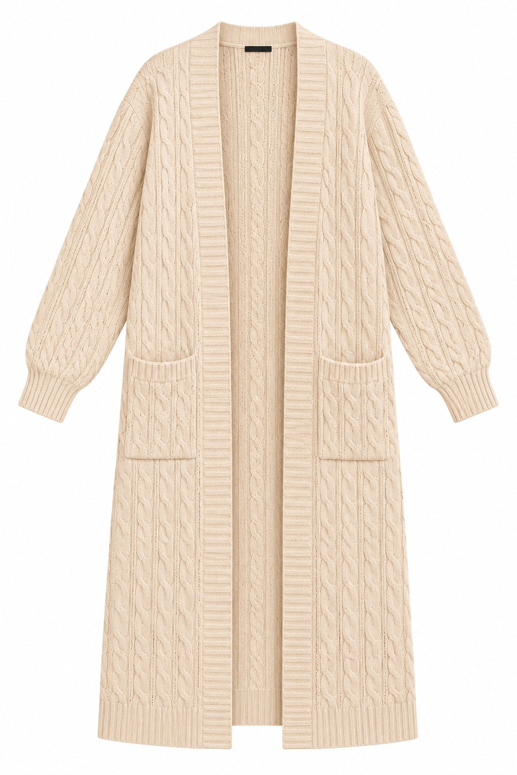Belle cream cable-knit cardigan, front view on white background