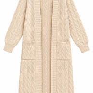 Belle cream cable-knit cardigan, front view on white background