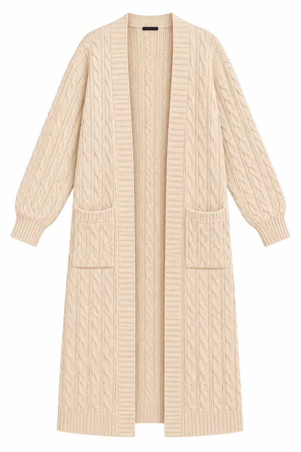Belle cream cable-knit cardigan, front view on white background