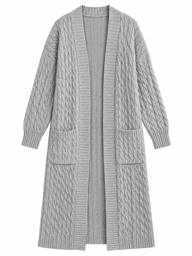 Belle gray cable-knit cardigan, front view on white background