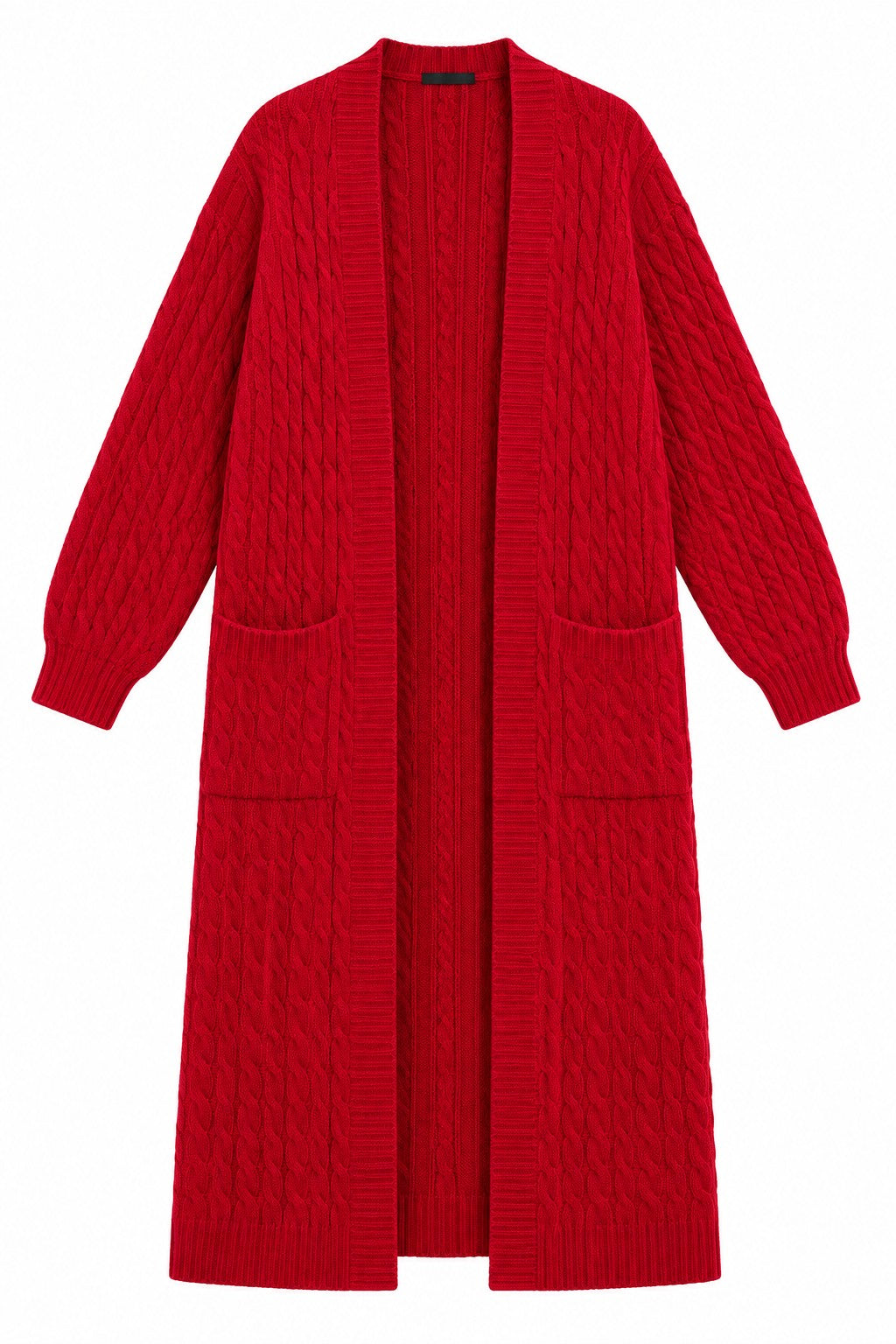 Belle red cable-knit cardigan, front view on white background
