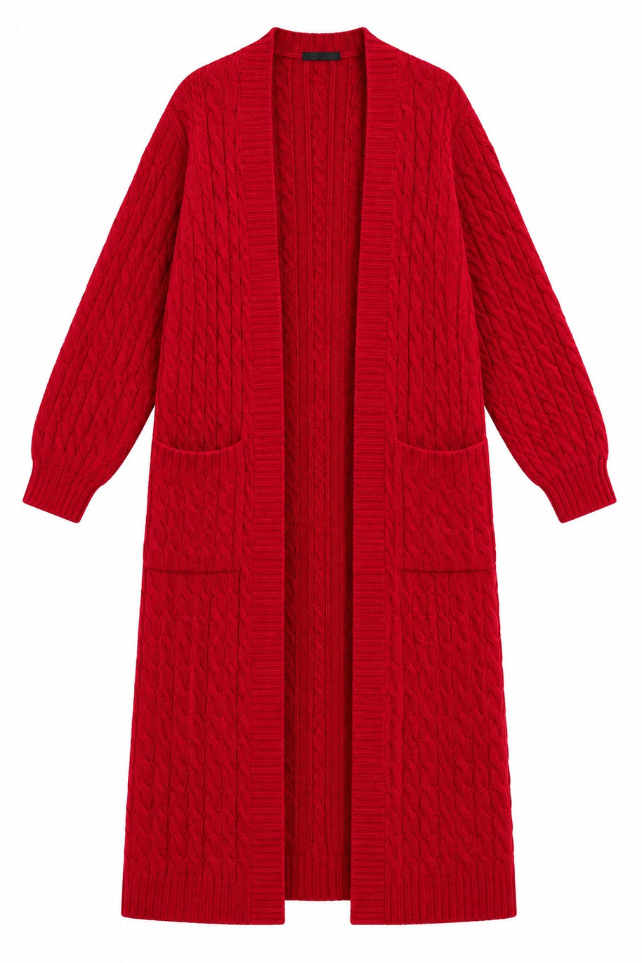 Belle red cable-knit cardigan, front view on white background