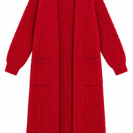 Belle red cable-knit cardigan, front view on white background
