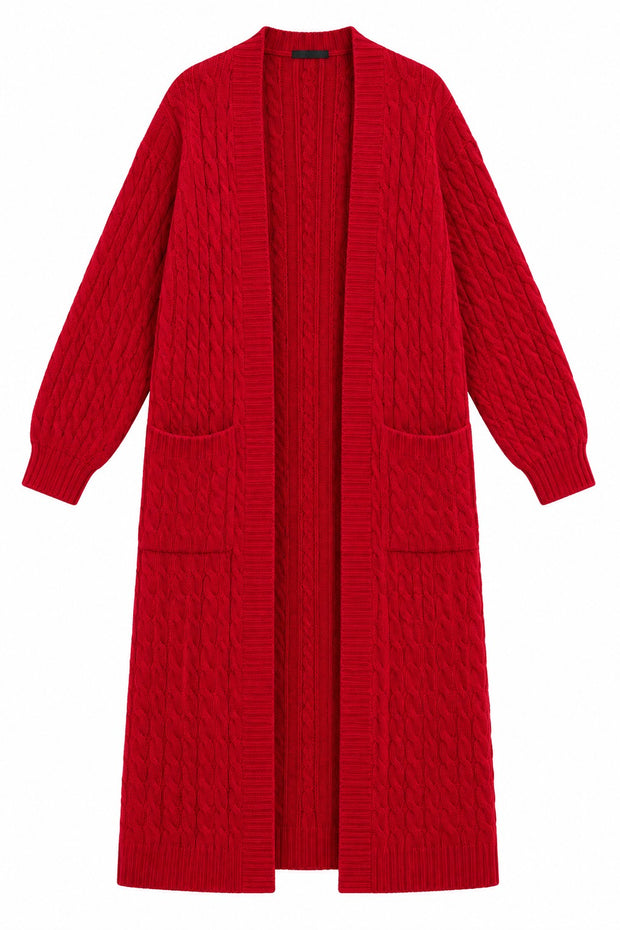 Belle red cable-knit cardigan, front view on white background