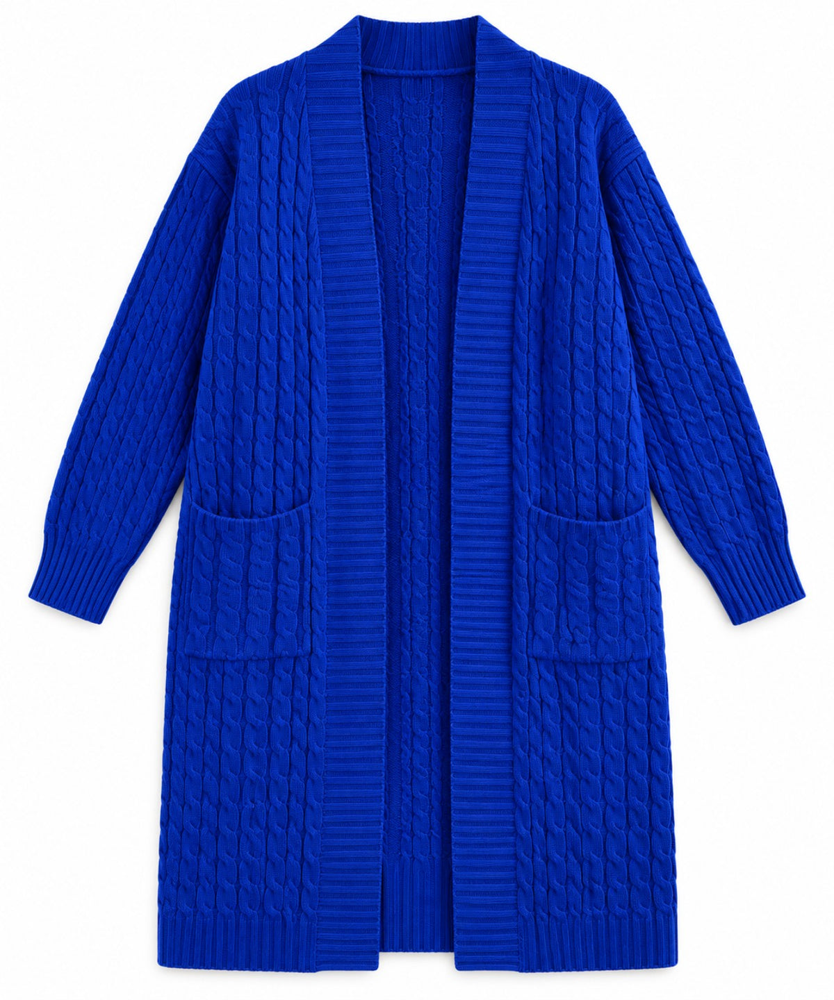 Belle royal blue cable-knit cardigan, front view on white background