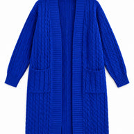 Belle royal blue cable-knit cardigan, front view on white background