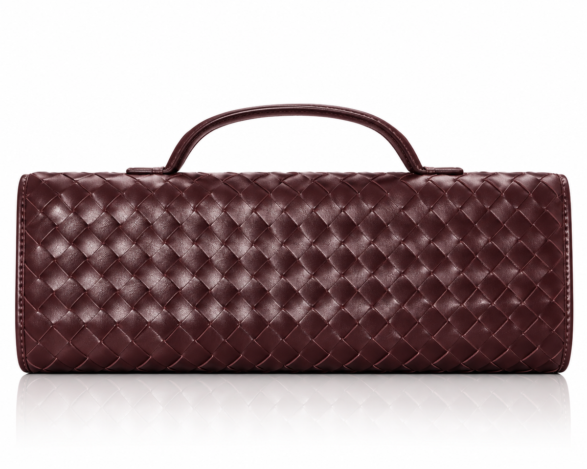 Chocolate brown woven clutch handbag with structured elongated silhouette, back view.