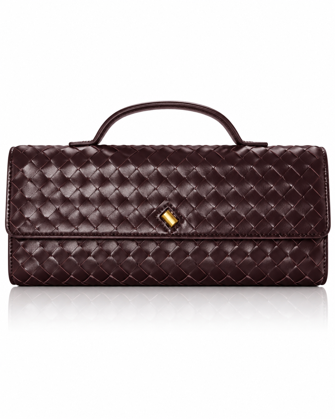Chocolate brown woven clutch handbag with top handle and gold-tone detail, front view.