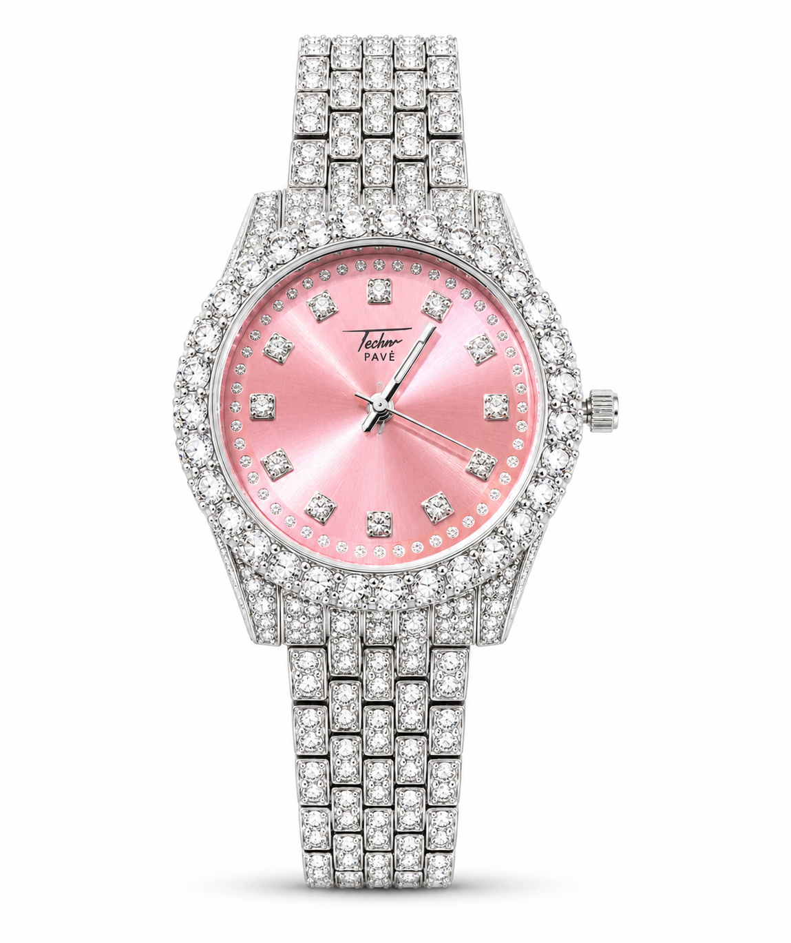 Silver crystal women's watch with a blush pink sunburst dial displayed on a clear stand.