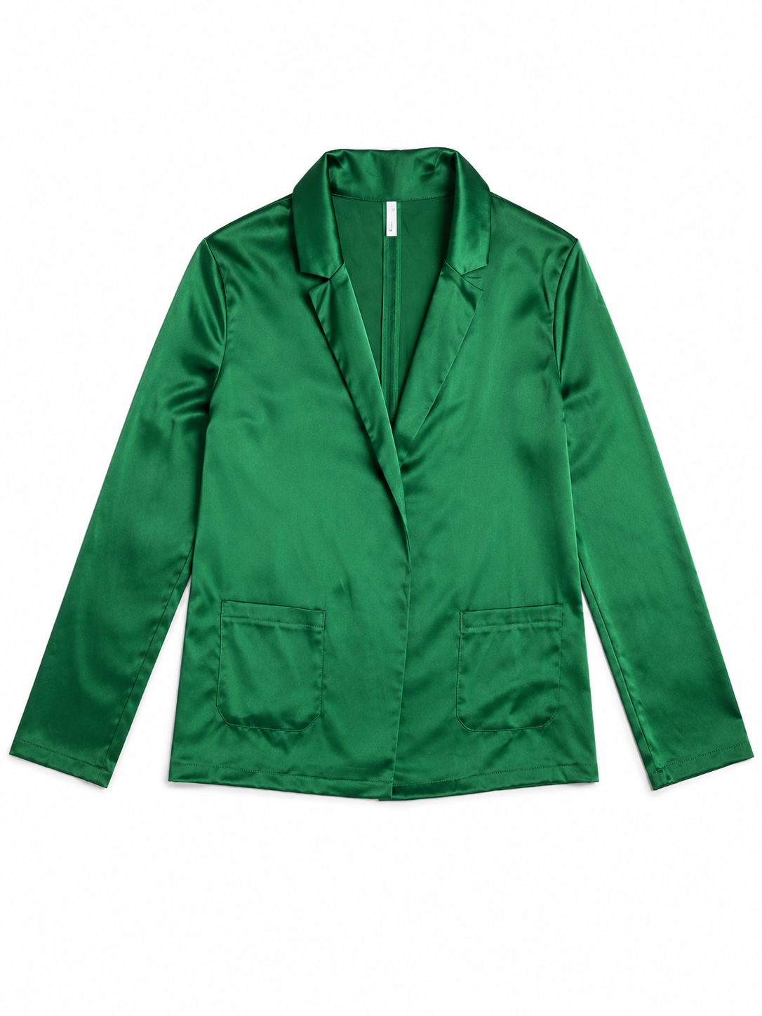 Women's emerald green tailored blazer with front pockets displayed on a white background.