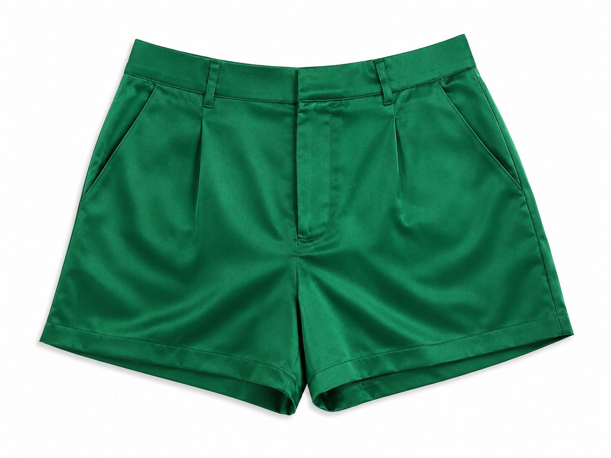 Women's emerald green tailored shorts with front pleats and side pockets on a white background.
