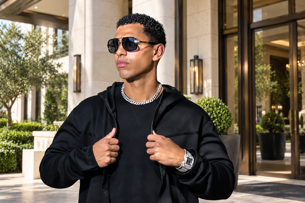 Man wearing black with sunglasses outside a stone hotel entrance.