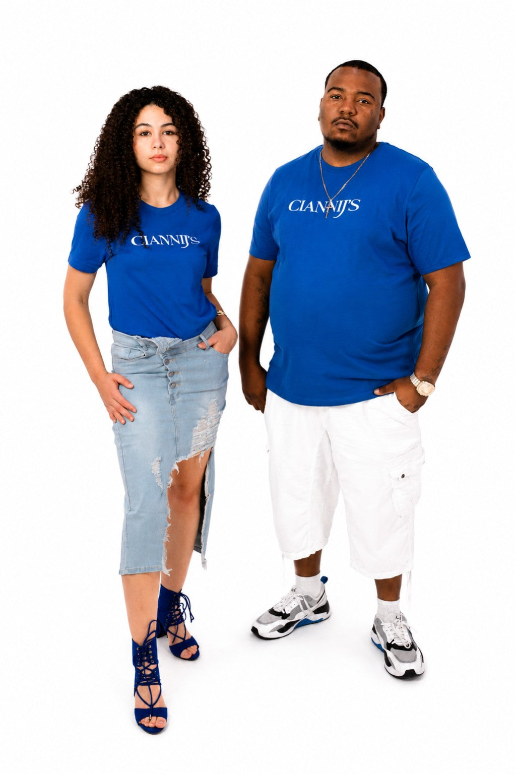 Original photograph of two models wearing royal blue CianniJ’s tees.
