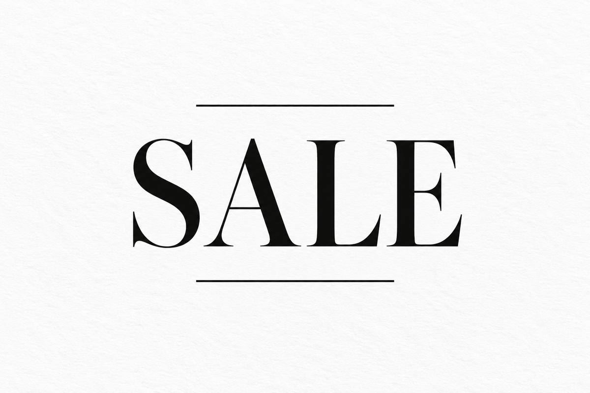 SALE in black serif lettering on a white background.