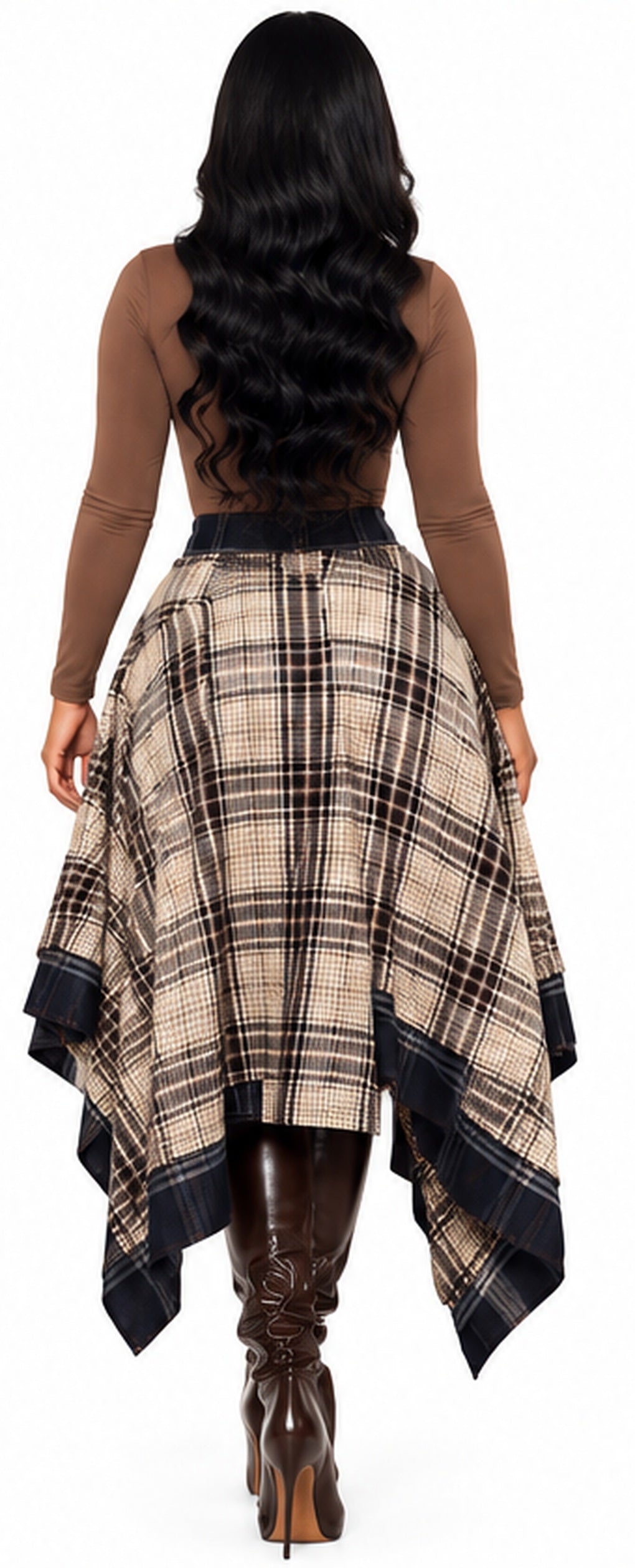 Back model view of brown plaid asymmetrical skirt styled with brown boots