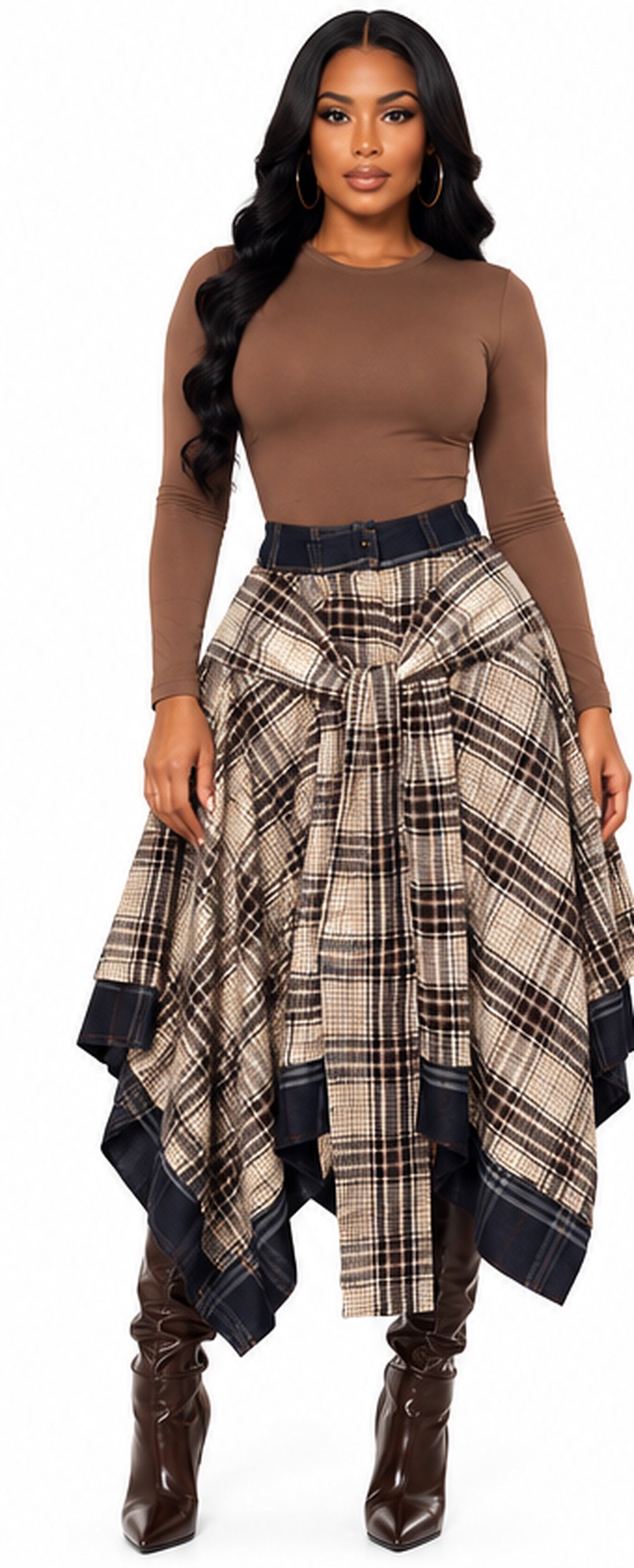 Front model view of brown plaid asymmetrical skirt styled with chocolate bodysuit and boots