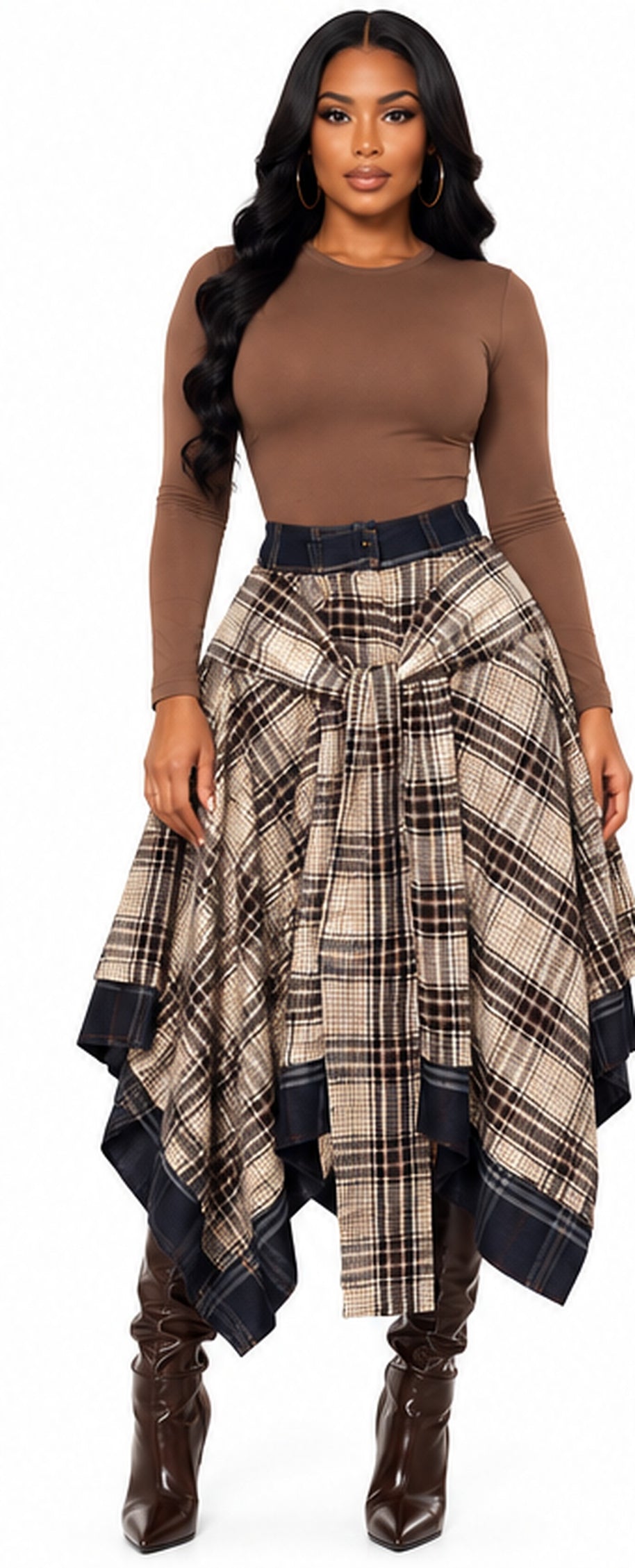 Front model view of brown plaid asymmetrical skirt styled with chocolate bodysuit and boots