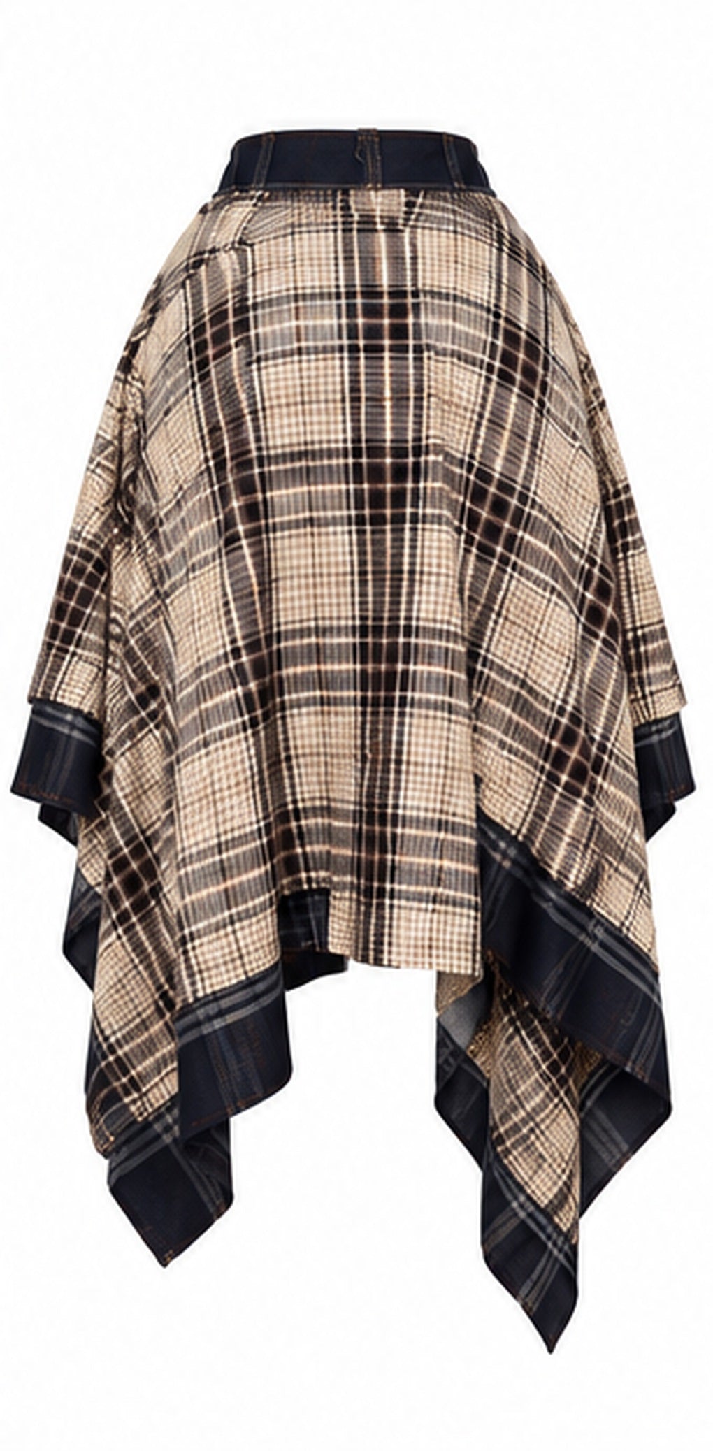 Back view of brown plaid handkerchief hem skirt on white background