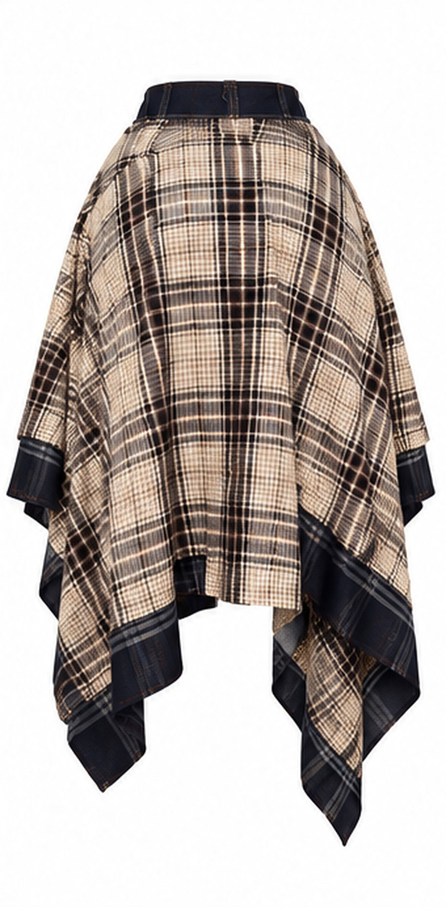 Back view of brown plaid handkerchief hem skirt on white background