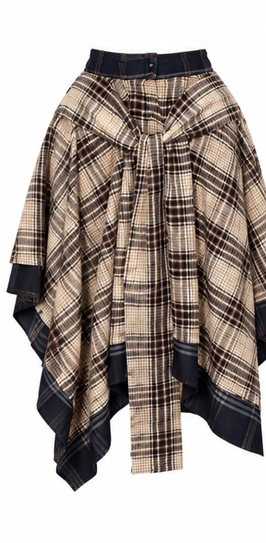 Brown cream plaid asymmetrical handkerchief skirt front on white background