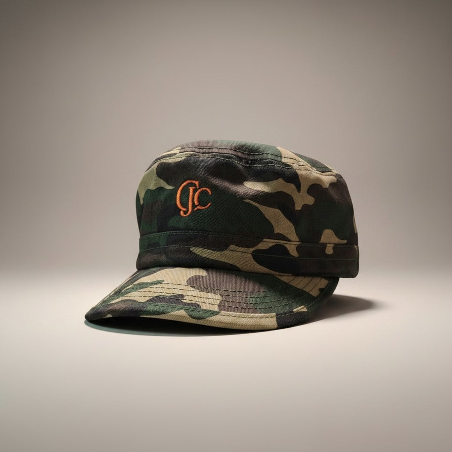 Front view of the CianniJ's CJC Camouflage Military Hat featuring an embroidered CJC monogram and structured military silhouette.
