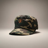 Front view of the CianniJ's CJC Camouflage Military Hat featuring an embroidered CJC monogram and structured military silhouette.
