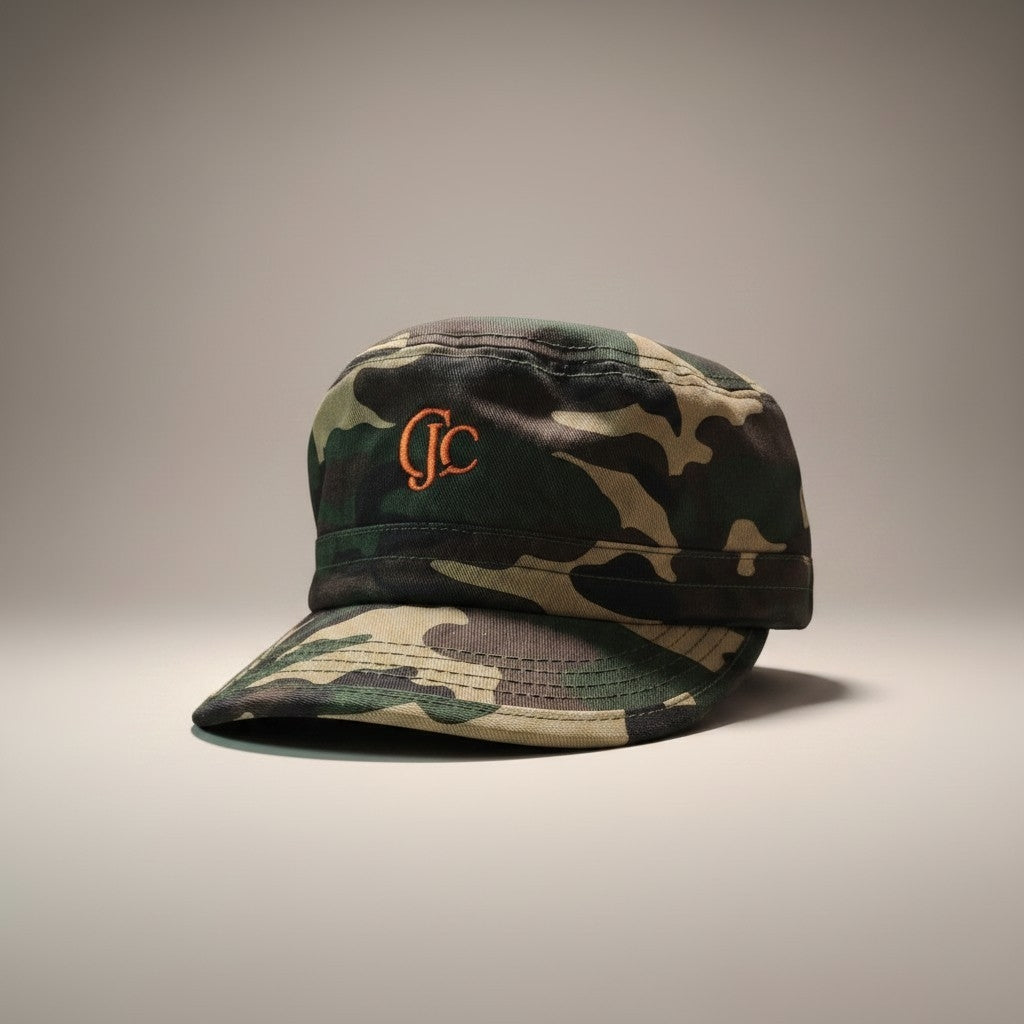 Front view of the CianniJ's CJC Camouflage Military Hat featuring an embroidered CJC monogram and structured military silhouette.