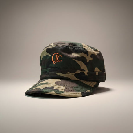 Front view of the CianniJ's CJC Camouflage Military Hat featuring an embroidered CJC monogram and structured military silhouette.