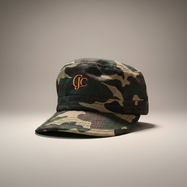 Front view of the CianniJ's CJC Camouflage Military Hat featuring an embroidered CJC monogram and structured military silhouette.