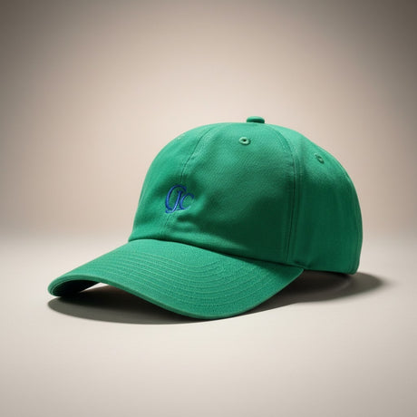 Front view of the CianniJ's CJC Green Twill Hat featuring an embroidered CJC monogram, structured crown, and adjustable buckle closure.