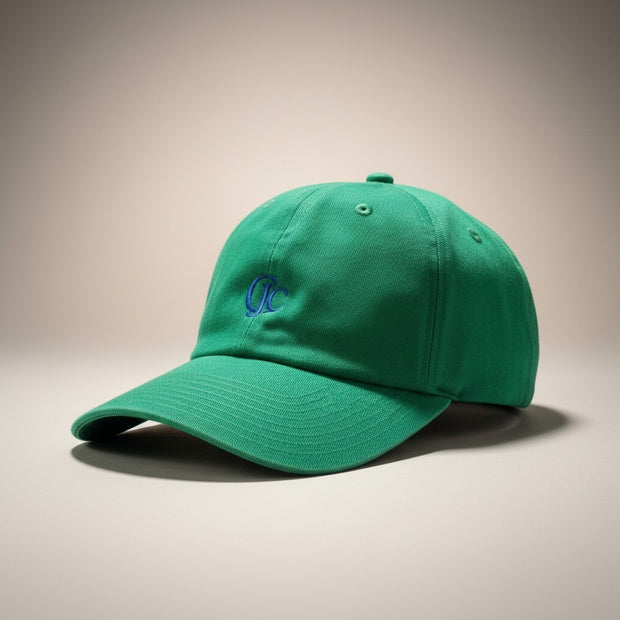 Front view of the CianniJ's CJC Green Twill Hat featuring an embroidered CJC monogram, structured crown, and adjustable buckle closure.