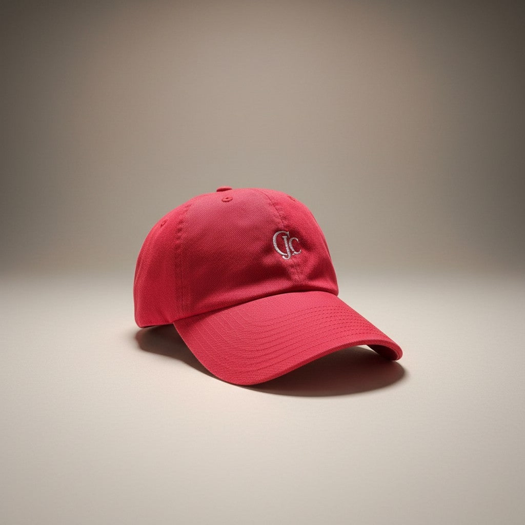 Front view of the CianniJ's CJC Red Twill Hat featuring an embroidered CJC monogram, structured crown, and adjustable buckle closure.
