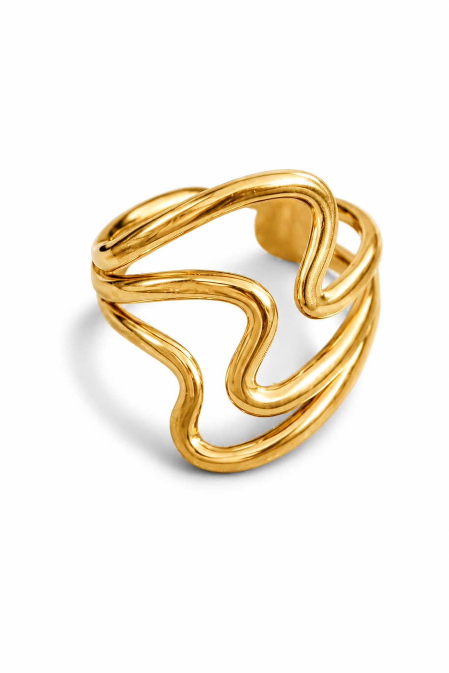 Contour Ring featuring a sculptural open gold-tone design on a white background.