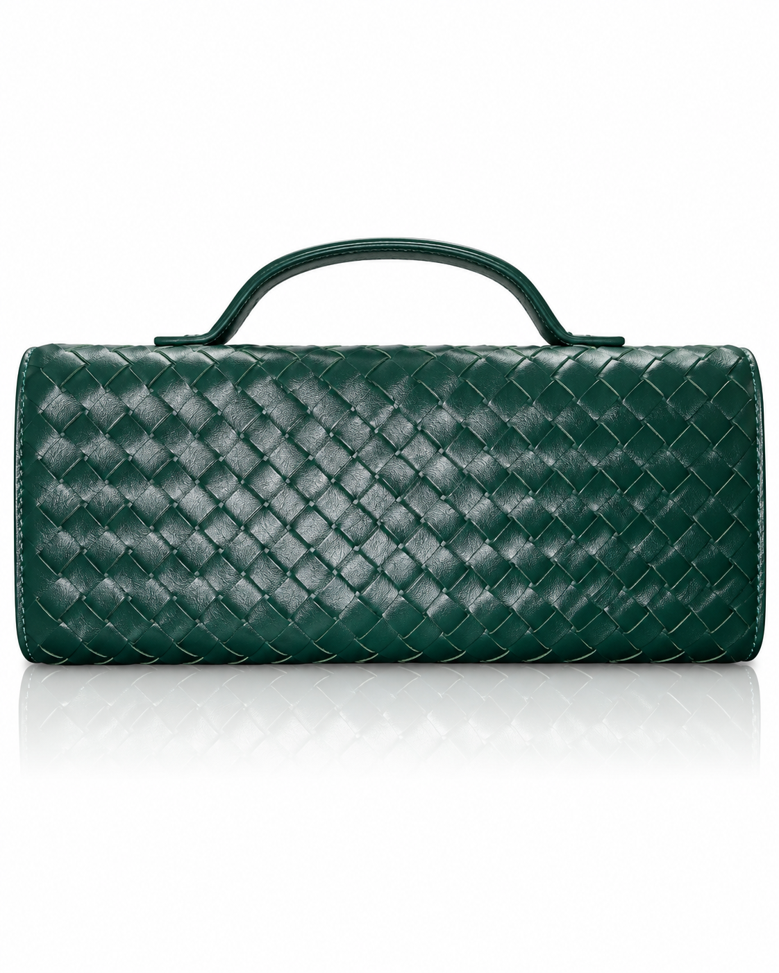 Emerald green woven clutch handbag with structured silhouette and top handle, back view.