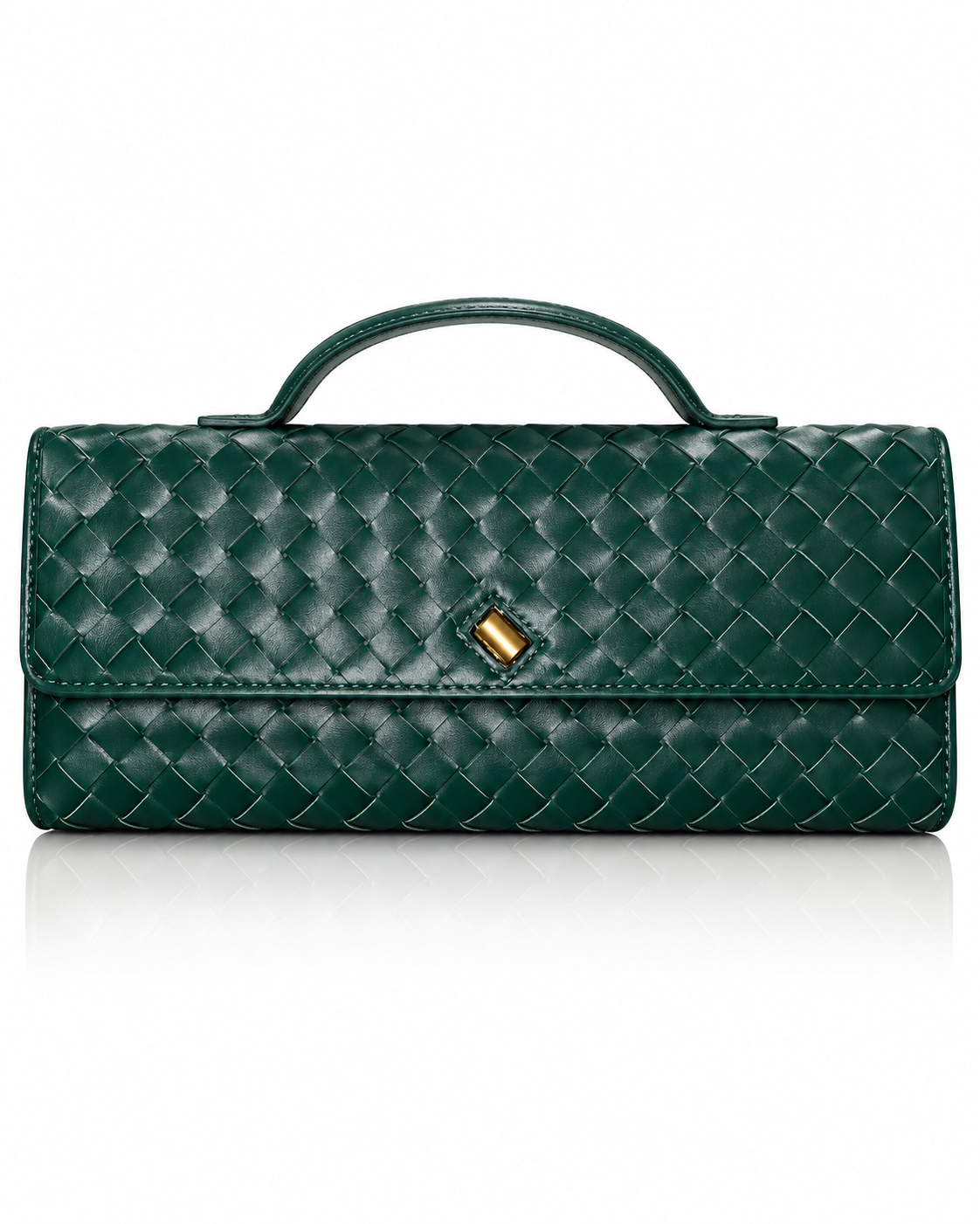 Emerald green woven clutch handbag with top handle and gold-tone front detail, front view.