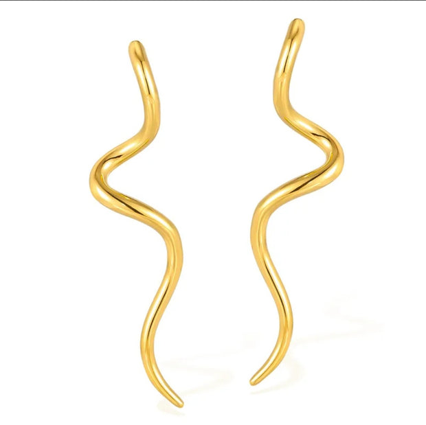 Flow Gold Sculptural Earrings, on white background, showcasing the fluid open silhouette and polished gold 