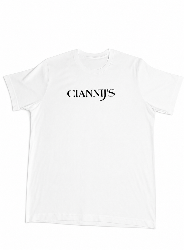 White CianniJ's Iconic Tee with black minimalist logo on a premium cotton crew neck T-shirt.