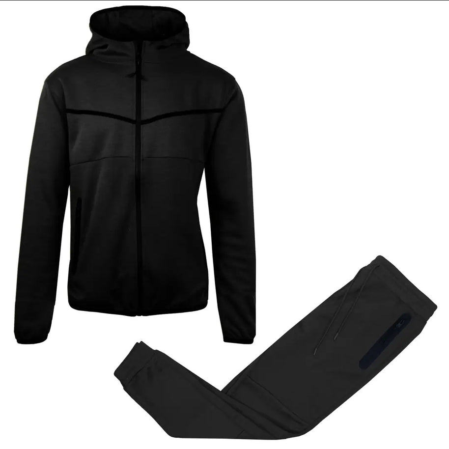 Men’s black Midnight Motion sweatsuit set, zip hoodie and matching joggers, product display