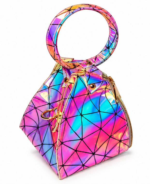 Multicolor holographic handbag with black geometric lines, circular handles, and gold-tone hardware on a white background.