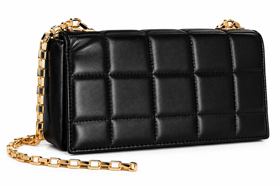 Black rectangular handbag with padded square quilting and a gold-tone chain strap on a white background.
