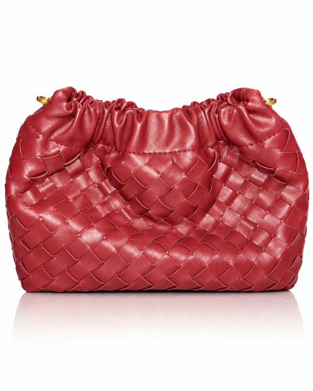 Rouge red woven shoulder bag with soft gathered silhouette and woven texture, back view.