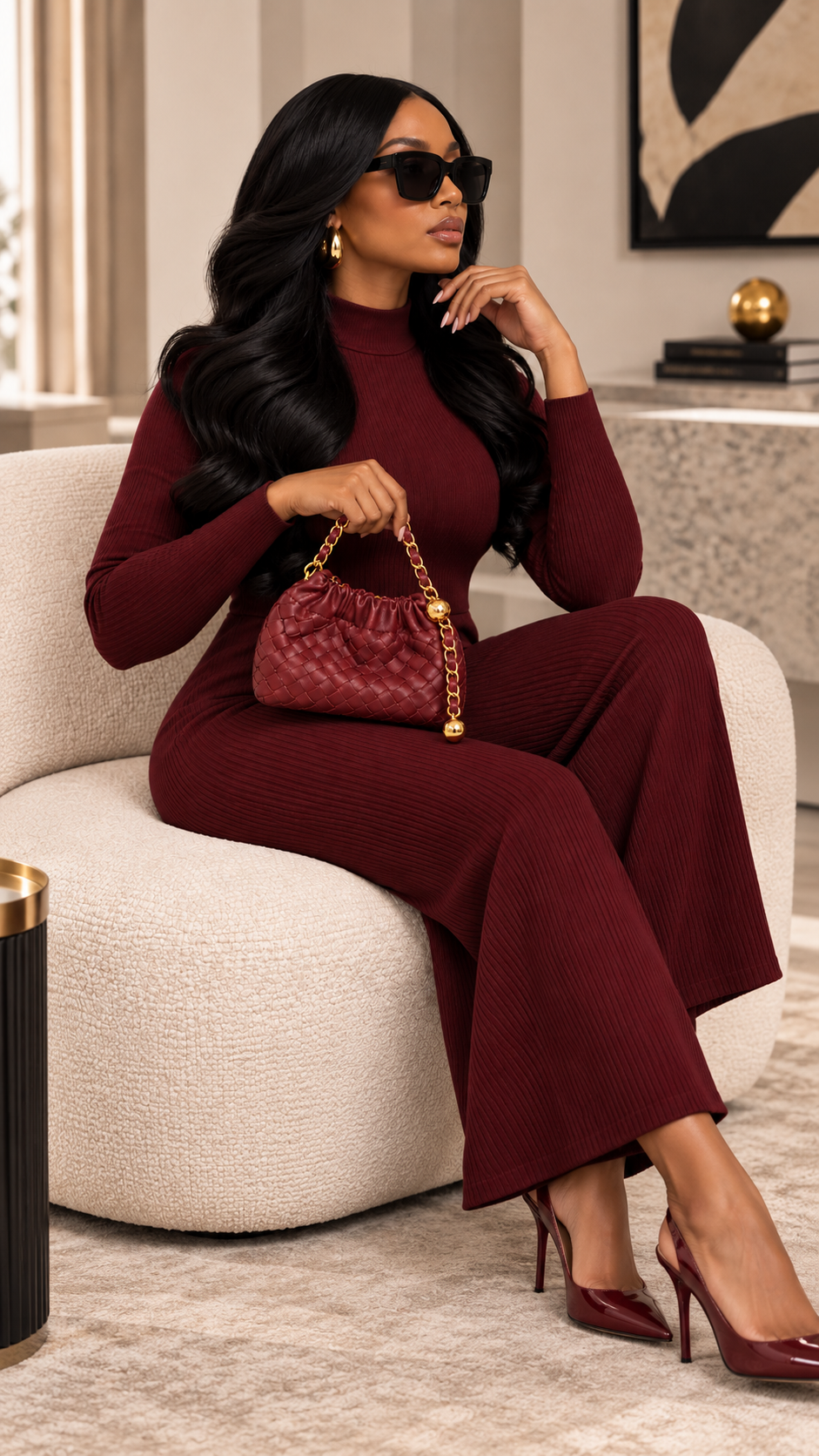 Model carrying the Rouge Woven Shoulder Bag with gold-tone chain detailing and rich red woven finish.