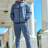Men’s grey Steady Fit sweatsuit with zip hoodie and tapered joggers, structured modern fit