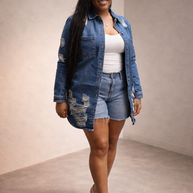 Women’s distressed denim jacket with structured fit and extended length front view