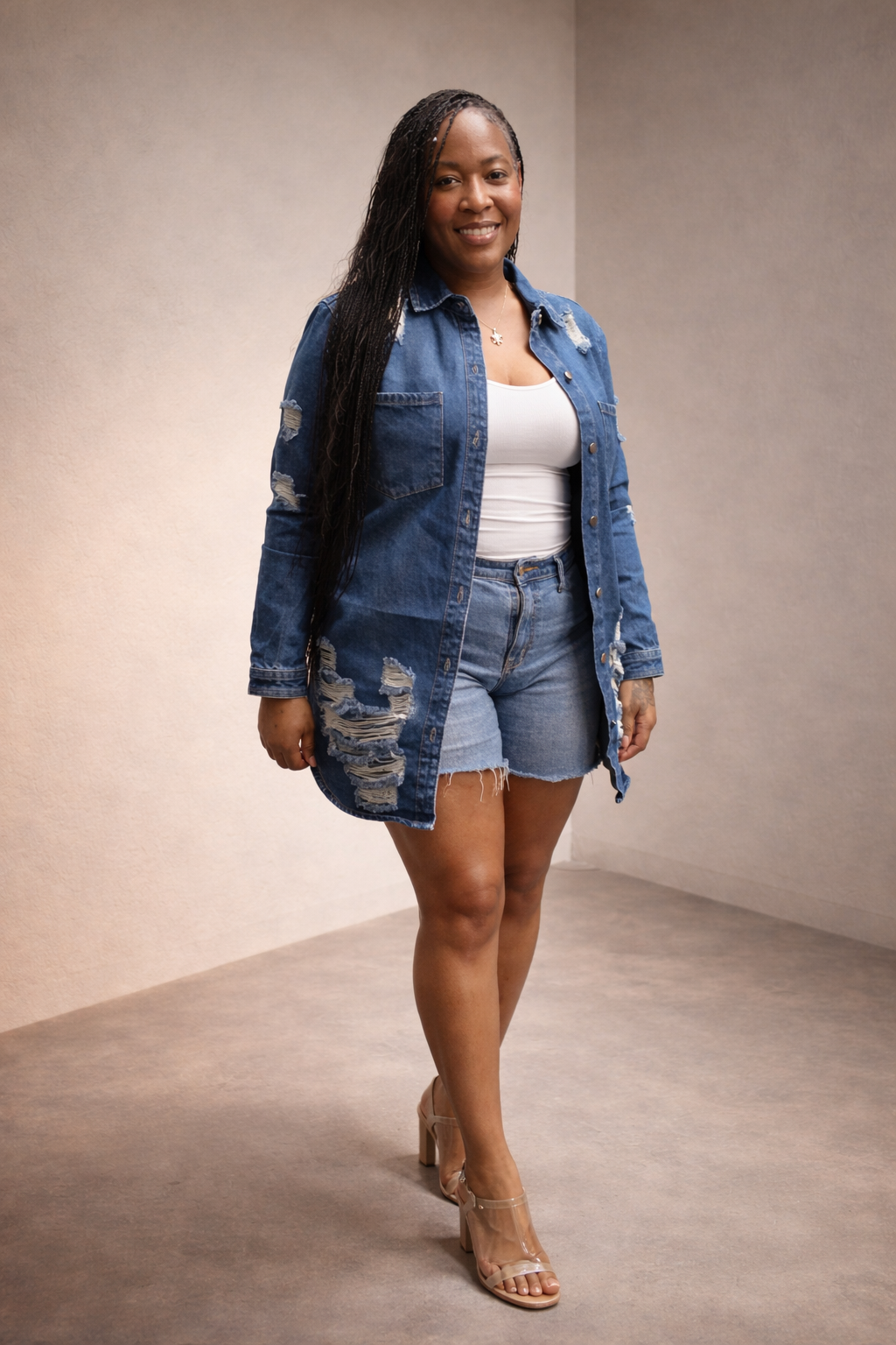 Women’s distressed denim jacket with structured fit and extended length front view