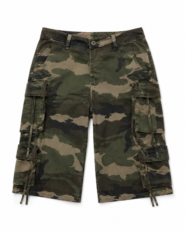 Front flat lay of the CianniJ's Allure Camo Shorts featuring a woodland camo print, cargo pockets, and a flattering knee-length silhouette.